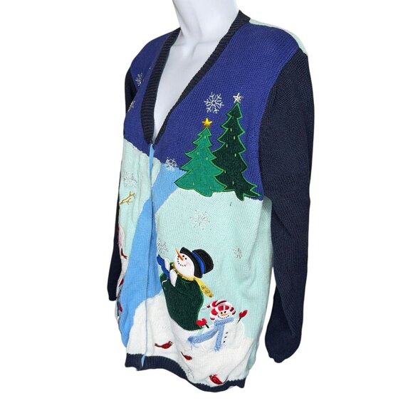 Quacker Factory Cardigan Sweater Snowman Christmas Tree Holiday Winter Theme Lg - Picture 4 of 16